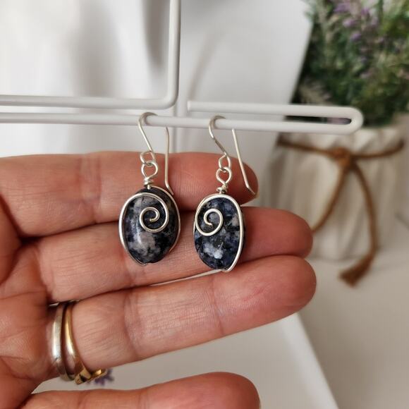Blue Sodalite Stone Wire-wrapped Dangle Earrings / Minimalist Stone Earrings - Picture 7 of 11